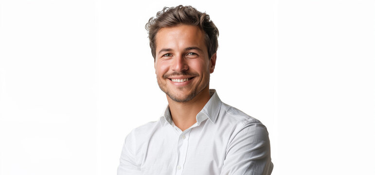 Caucasian adult man in his 20s to 40s in simple, professional clothing stand confidently against a white gray backdrop, radiating a relaxed and approachable vibe