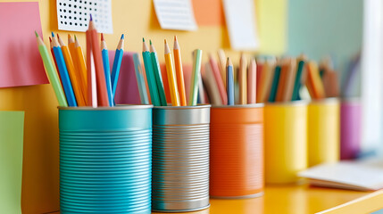 Fototapeta premium Colorful pencil tins with sticky notes, classroom or office, creative workspace, vibrant colors.