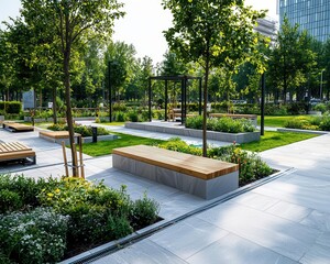 Obraz premium Modern garden under construction, stone paving and wooden benches being installed, tools scattered, urban park, bright afternoon