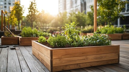 Large outdoor garden under construction, wooden planters being assembled, construction tools nearby, city park setting, soft morning light