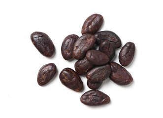 Flat lay of Cocoa beans  isolated on white background.