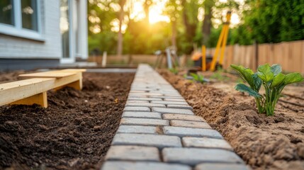 Incomplete garden with brick pathways and wooden benches being placed, tools scattered around, suburban home, bright morning light