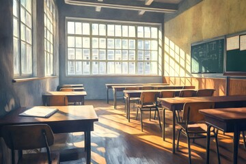 Sunlit Classroom Interior with Wooden Desks and Large Windows. Illustration