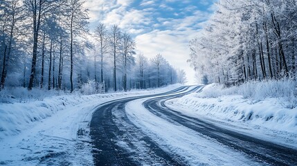 A desolate icy road snaking through a frozen landscape, the terrain covered in deep snow and patches of frost.