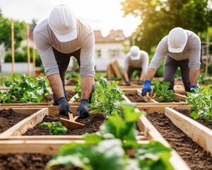 Fototapeta premium Outdoor garden with wooden planters and metal trellises being installed, construction workers in action, quiet neighborhood, midday sun