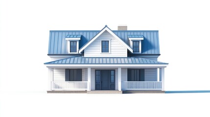 White house with blue roof, porch, and windows.