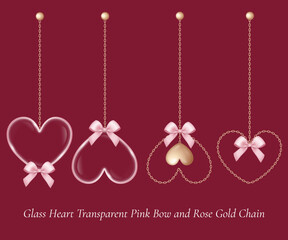 Illustration Glass Heart transparent decoration with pink Bow and Rose gold Chain