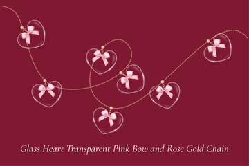 Illustration Glass Heart transparent decoration with pink Bow and Rose gold Chain