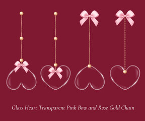 Illustration Glass Heart transparent decoration with pink Bow and Rose gold Chain