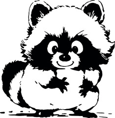 Cute Baby Raccoon Animal Childlike Nursery Black and White Vector Illustration