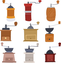 manual coffee grinder set cartoon. ceramic adjustable, vintage stainless, steel espresso manual coffee grinder sign. isolated symbol vector illustration