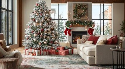 Festive Christmas Living Room Decorated With Tree And Gifts