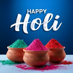festival of colors, Indian happy holi banner with colors in pots on blue background