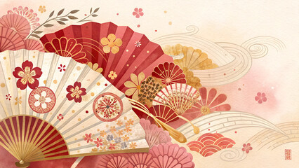 Vibrant watercolor painting of a traditional Japanese fan, festive patterns and motifs in red, gold, and pink, celebrating National Foundation Day with copy space