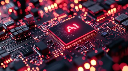 Obraz premium Close-up of a futuristic AI microchip illuminated with vibrant red lights.
