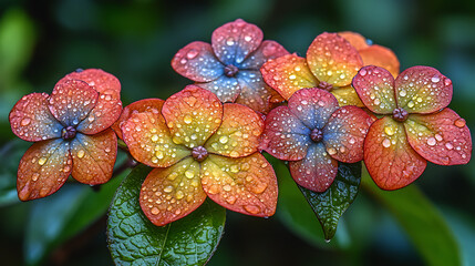 A cluster of colorful, orange and blue flowers, are covered in droplets