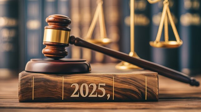 Close-up of a gavel striking a law book titled "2025," symbolizing the enforcement of new legal principles in the upcoming year.