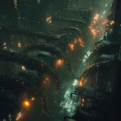 Fototapeta premium A cyberpunk city with glowing neon lights and metallic centipedes crawling along the glowing streets, detailed, futuristic, and dark atmosphere.