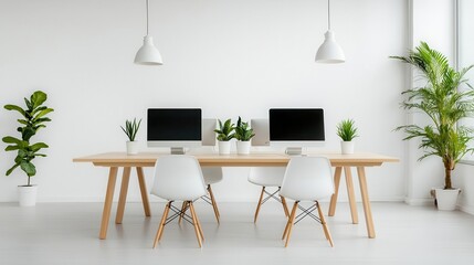 Airy minimalist coworking space with light wood furniture, white walls, and large windows, Coworking Space, Airy and Bright