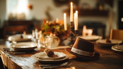 template filled with a rustic wooden dining table set for a traditional feast, featuring vintage dishware, a candle centerpiece, and a Pilgrim hat resting on the side, celebrating Forefathers&acirc;&euro;&trade; Day, 