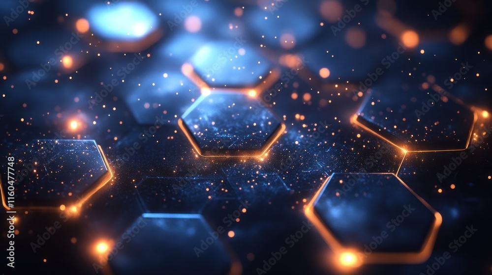 Poster blue hexagonal technology background with dynamic mesh patterns and gradient light effects