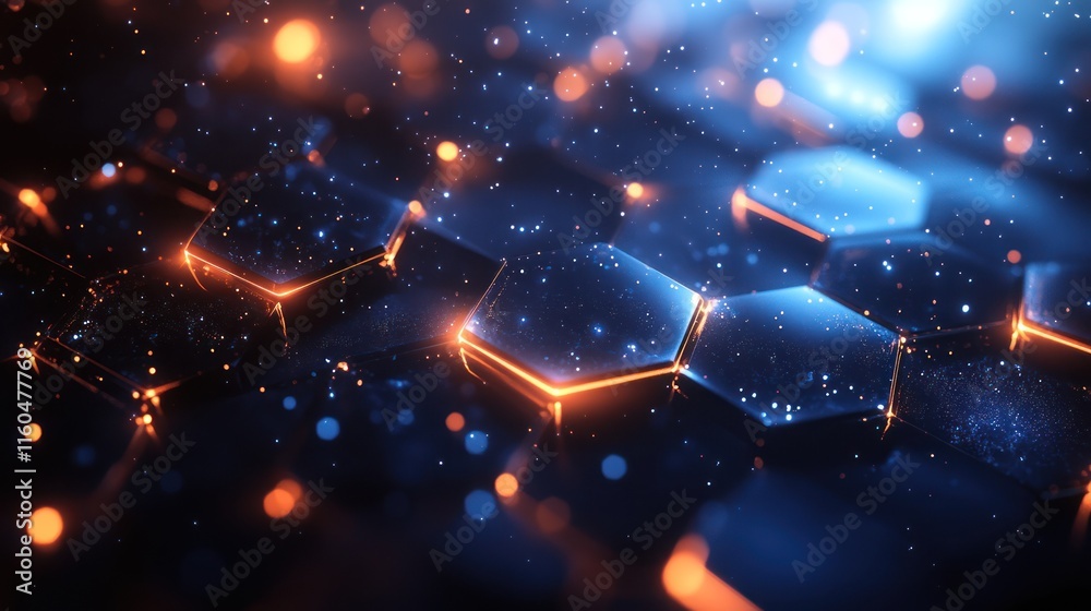Poster blue hexagonal technology background with dynamic mesh patterns and gradient light effects
