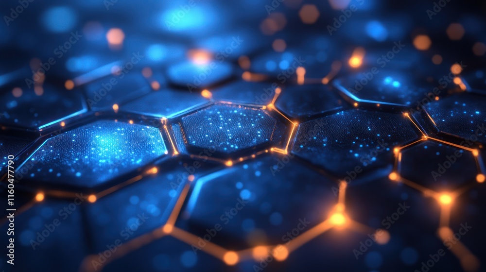 Poster blue hexagonal technology background with dynamic mesh patterns and gradient light effects