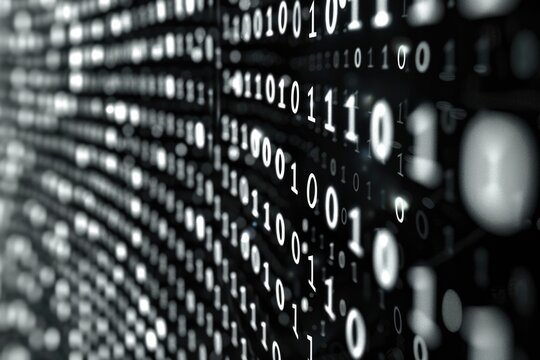 Binary Code Displayed on Digital Screen with Matrix Background.