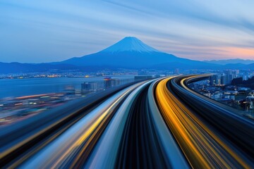 Scenic View of Mount Fuji with Urban Landscape and Motion Blur of Train Tracks at Dusk, Capturing Beautiful Colors and Tranquil Atmosphere