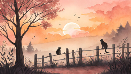 Silhouetted cats on fences at sunset, calming and picturesque atmosphere 