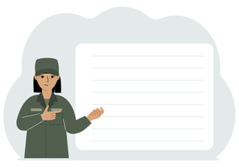 Female soldier in uniform next to a large white banner for your text.