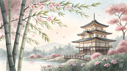 Elegant watercolor painting of a classic Japanese temple, serene cherry blossoms and bamboo, symbolizing tranquility and history on National Foundation Day