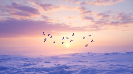 Obraz premium A flock of ptarmigans foraging in the snow-covered tundra under a serene winter sky.