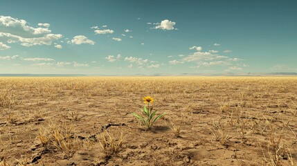 Lone Sunflower Blooming in Arid Dry Cracked Land