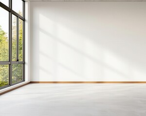 Fototapeta premium Bright minimalist coworking space with large windows, white walls, and simple furniture, Coworking Space, Bright and Minimal