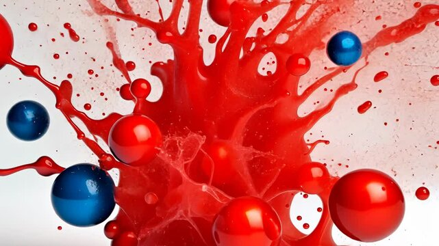 Splash of red paint with a blue ball in the middle. The blue ball is surrounded by red balls