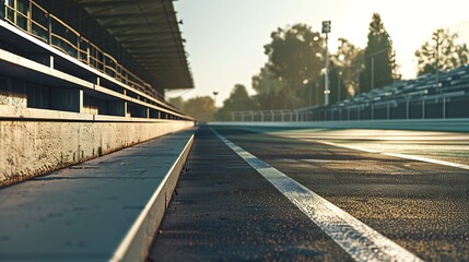 A race track with the starting line marked and bleachers empty, waiting for the event to begin.