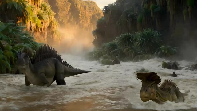 massive flood engulfs prehistoric valley as dinosaurs like Stegosaurus and Parasaurolophus struggle to reach higher ground. Murky water and floating debris intensify the dramatic scene. Generative AI