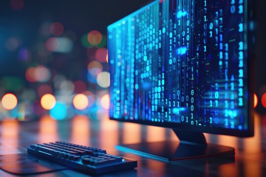 Big data power displayed on computer monitor with binary code.