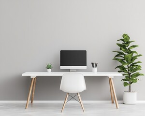 Fototapeta premium Minimalist coworking space with an open floor plan, white desks, and neutral tones, Coworking Space, Open and Neutral