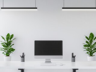 Clean and crisp coworking space with minimalist desks, white walls, and sleek lighting, Coworking Space, Crisp Minimalism
