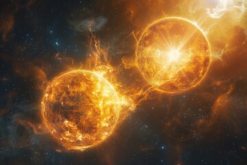 Two stars exchange matter. The larger star absorbs gas from the companion star. Close binary system.