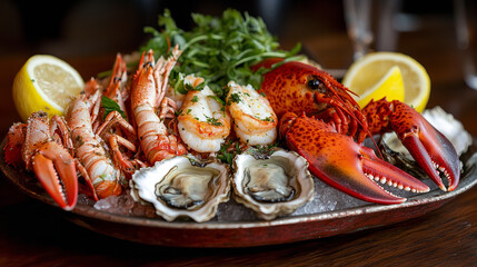 A beautiful arrangement of fresh seafood, featuring oysters, lobster, lemon, and a zesty dipping sauce.
