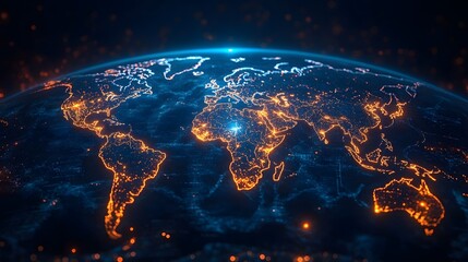 Obraz premium Global supply chain routes in an abstract map style, hubs glowing brightly, intricate tech-inspired background