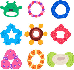 teething ring set cartoon. relief baby, gums pain, natural organic teething ring sign. isolated symbol vector illustration