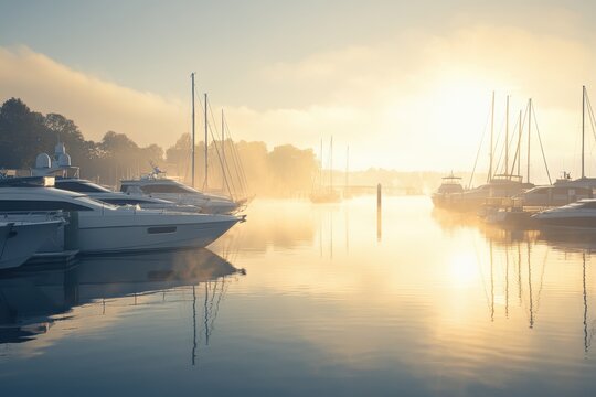 Serene Dawn at the Harbor with Yachts and Mist Rising Over Calm Waters Reflecting Soft Light from the Rising Sun in a Peaceful Marina Setting