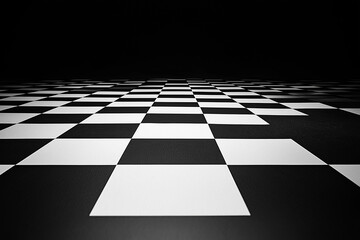  Elegant black and white chessboard background with reflective stone tiles, offering depth and sophistication. Dark empty space ideal for text, product displays, photography, or digital artwork