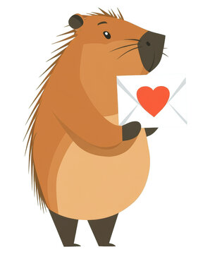 Cute copybara holding an white envelope with the red heart on it 5