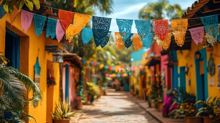 Fototapeta premium Vibrant festival featuring Latin American flags, traditional ornaments, and a festive ambiance
