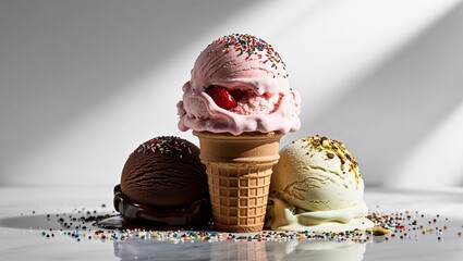 Triple-scoop ice cream cone with chocolate, strawberry, and pistachio flavors